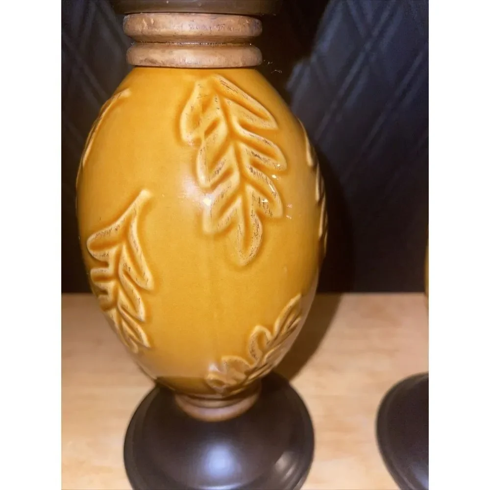 Retired Target Pair of Amber Leaf Embossed Ceramic Candle Holders Pillar Taper